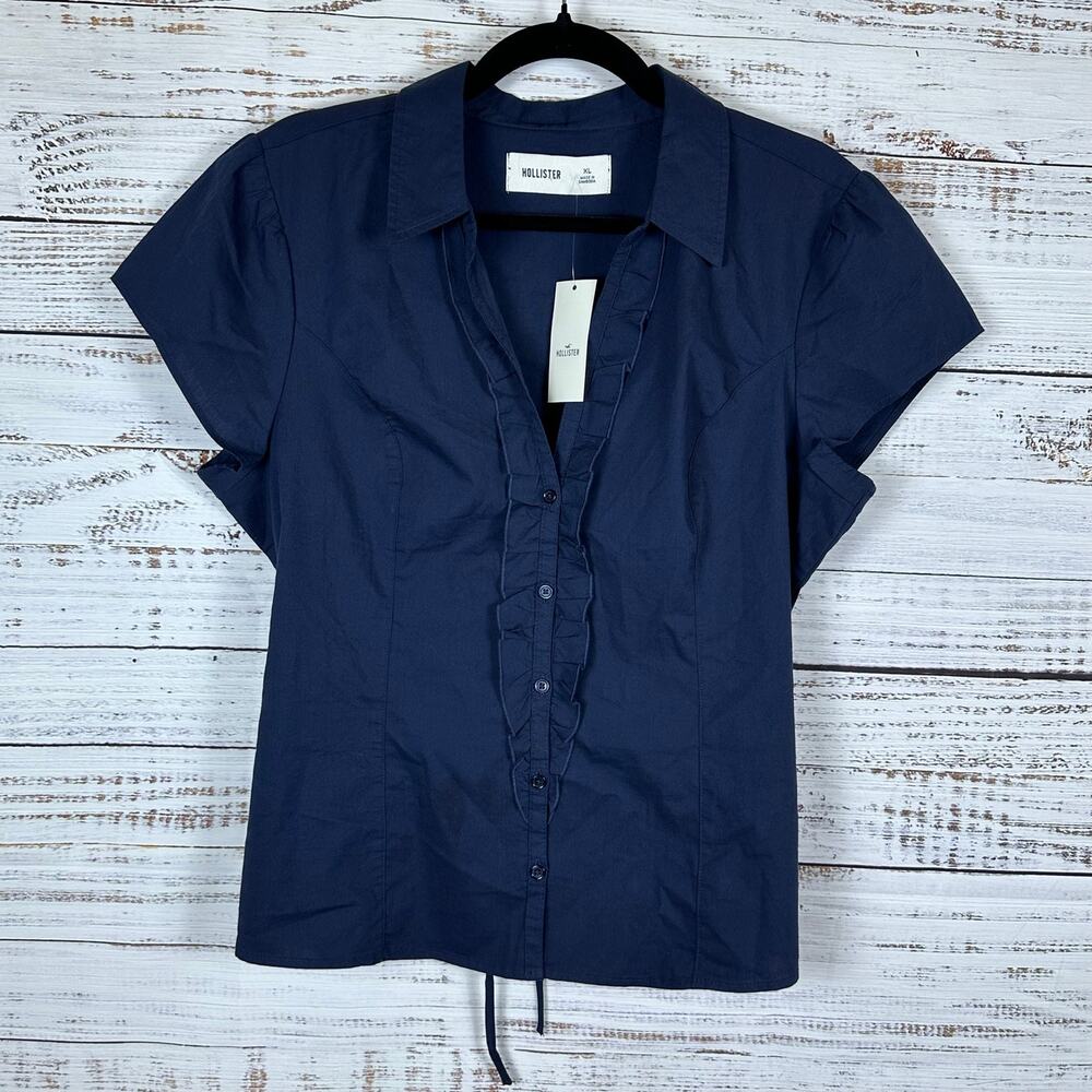 Womens NWT Hollister Navy Blue Button Up Cap Sleeve Ruffle Back Tie Blouse Sz XL